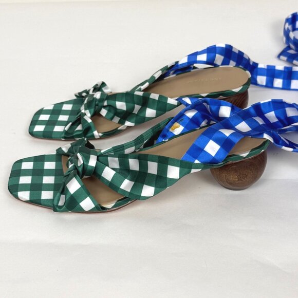 Ann Taylor Lizette Gingham Wrap Sandals Green/Blue Size 7 Wood Heel - Picture 3 of 10